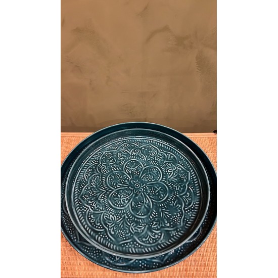 Round tray dark cyan S/2 mandala  
