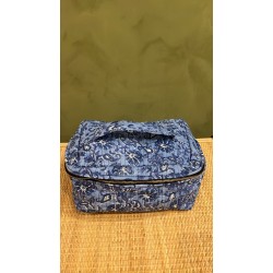 Blue, Dark Blue Flowers Square Vanity Bag 