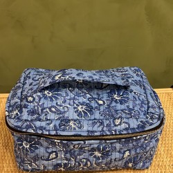 Blue, Dark Blue Flowers Square Vanity Bag 