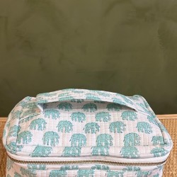 White, Green Elephants Square Vanity Bag 