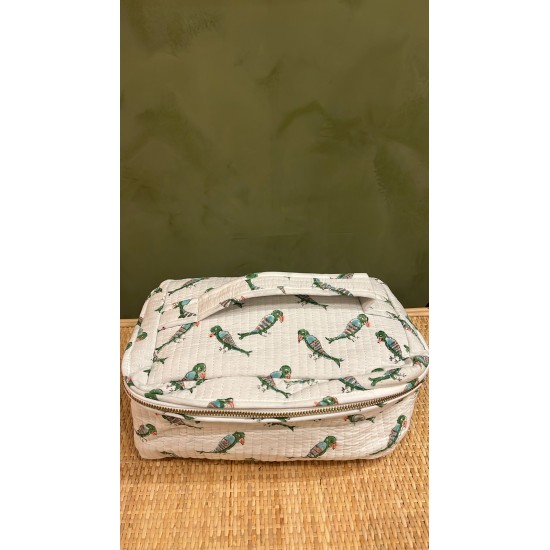 White, Green Birds Square Vanity Bag 